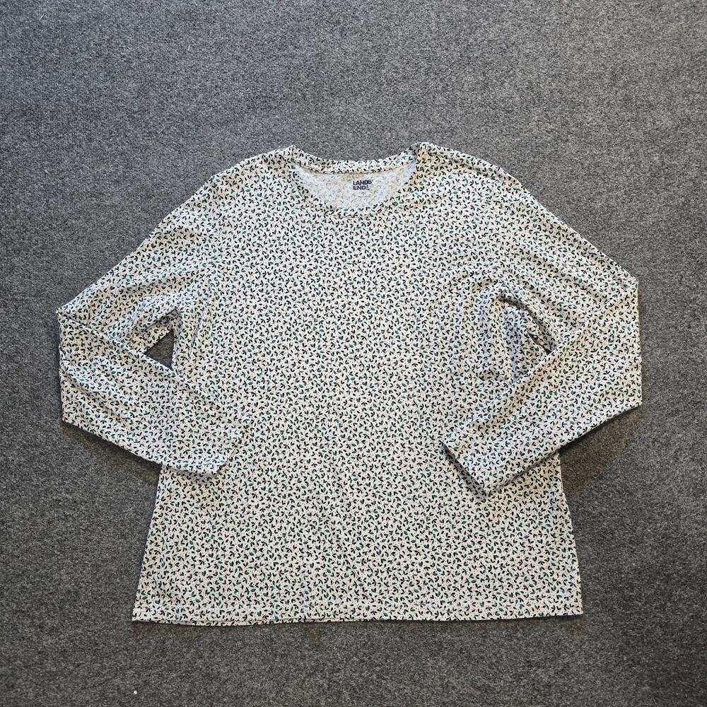Lands End Top Women XL Green White Holly Mistletoe Christmas Holiday Long Sleeve